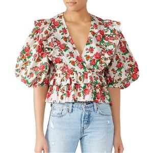 Rhode Elodie Top White‎ with Red Floral Print Puff Sleeve Ruffles size medium